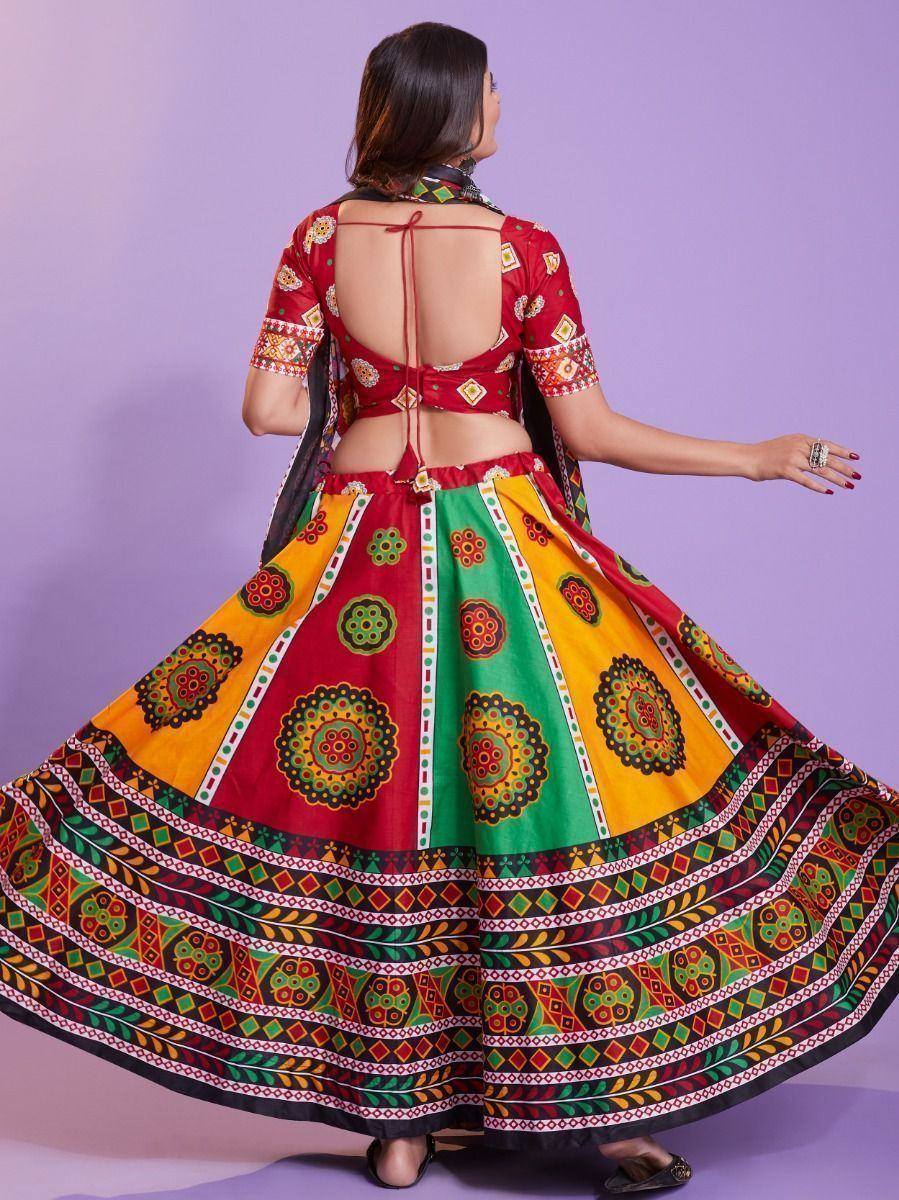 Vibrant multicolor ethnic lehenga choli with back tie detail and floral print, perfect for festive occasions.