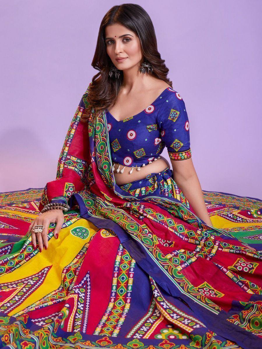 Vibrant multicolor printed lehenga choli with ethnic patterns, perfect for festive occasions and traditional events.