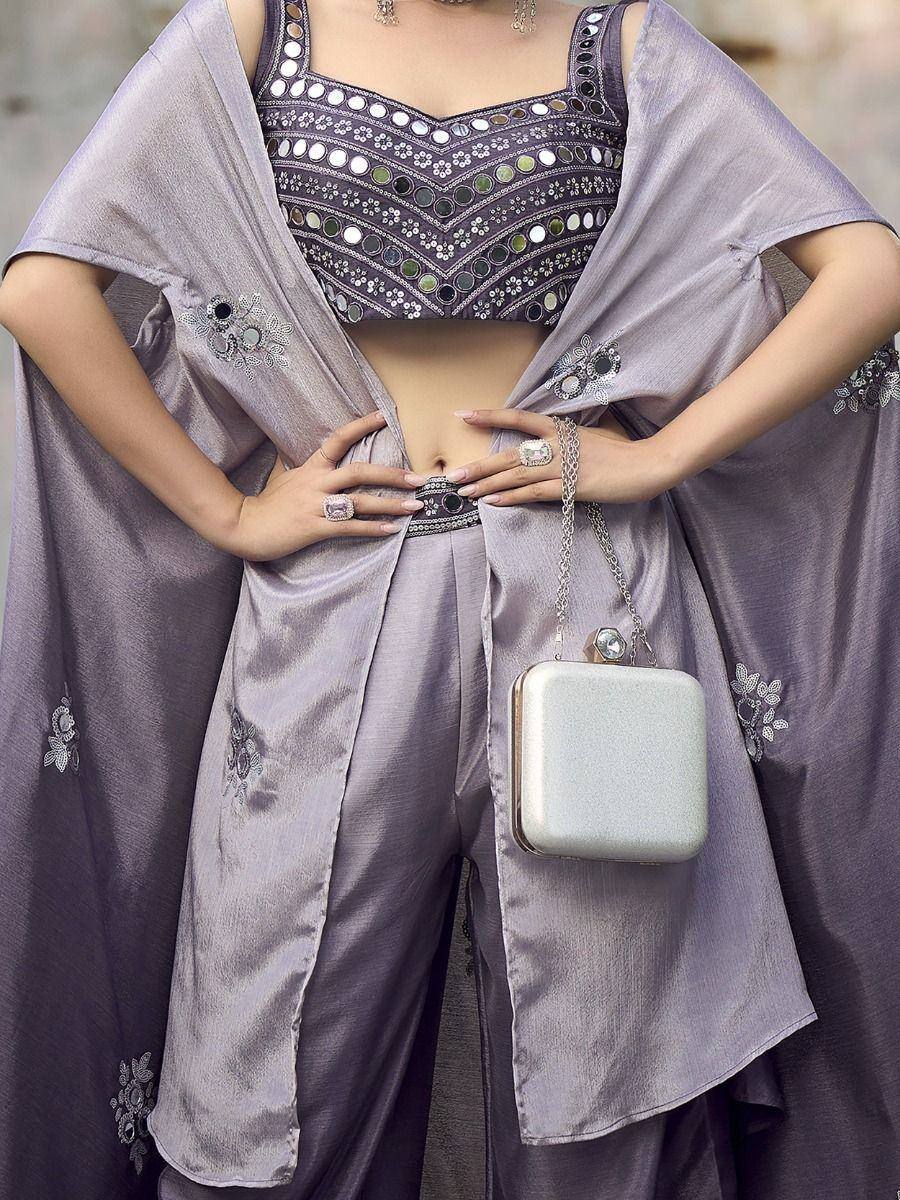 Lavender ethnic palazzo set with mirror work blouse and embroidered dupatta, perfect for festive occasions
