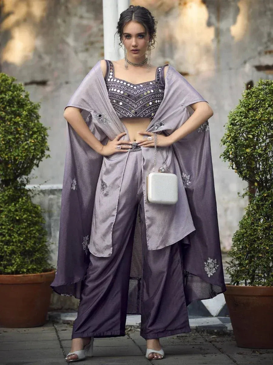 Purple ethnic palazzo set with mirror work blouse and cape, perfect for Indian occasions