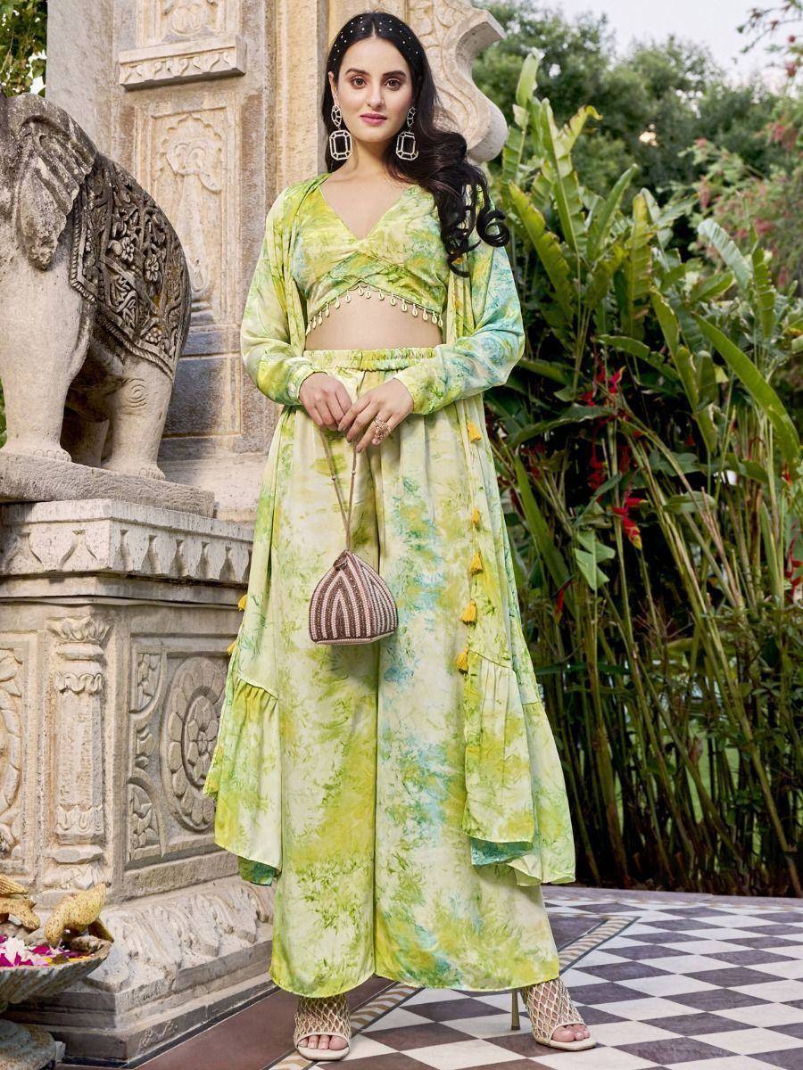 Green tie-dye ethnic sharara set with crop top, perfect for Indian festive occasions