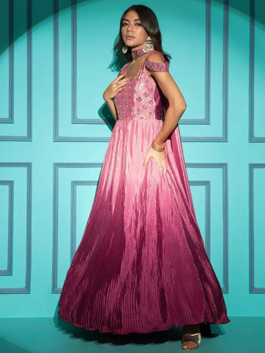 Pink pleated ethnic gown with embroidered bodice, perfect for Indian weddings or festive occasions
