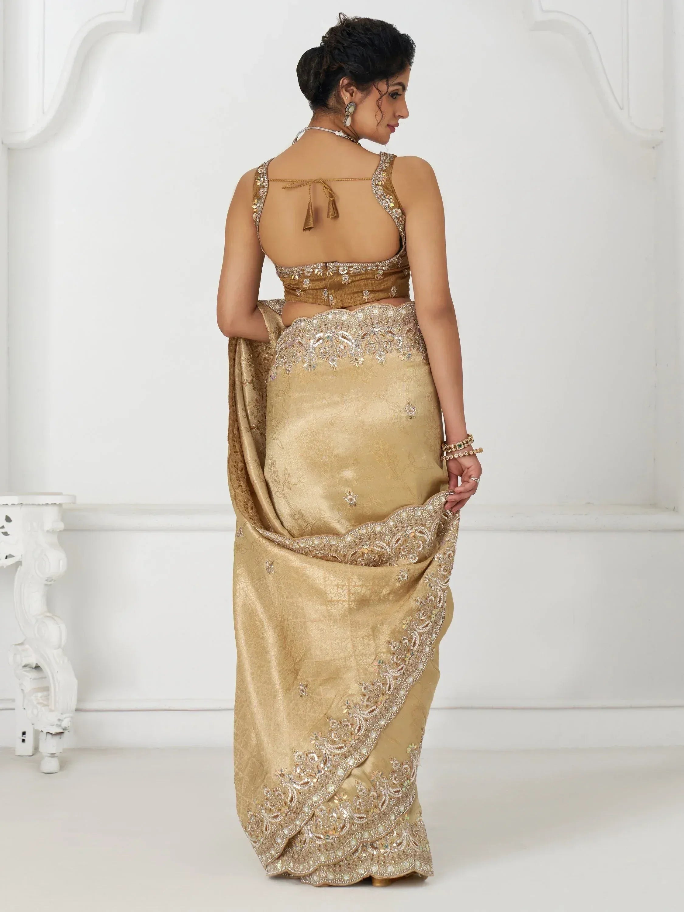 Gold embroidered saree with backless blouse, Indian ethnic wear for weddings and events