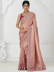 Gorgeous Pink Viscose Silk Sequins Work Engagement Wear Saree