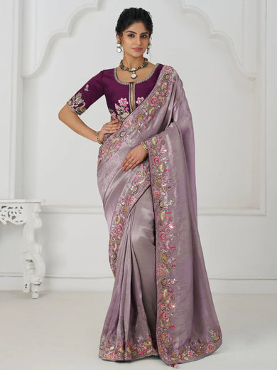 Dazzling Mauve Border Work Viscose Silk Reception Wear Saree