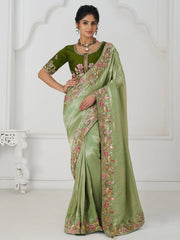 Magnetic Mehendi Green Border Work Viscose Silk Saree With Blouse