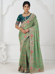 Spectacular Pista Green Heavy Border Work Viscose Silk Traditional Saree