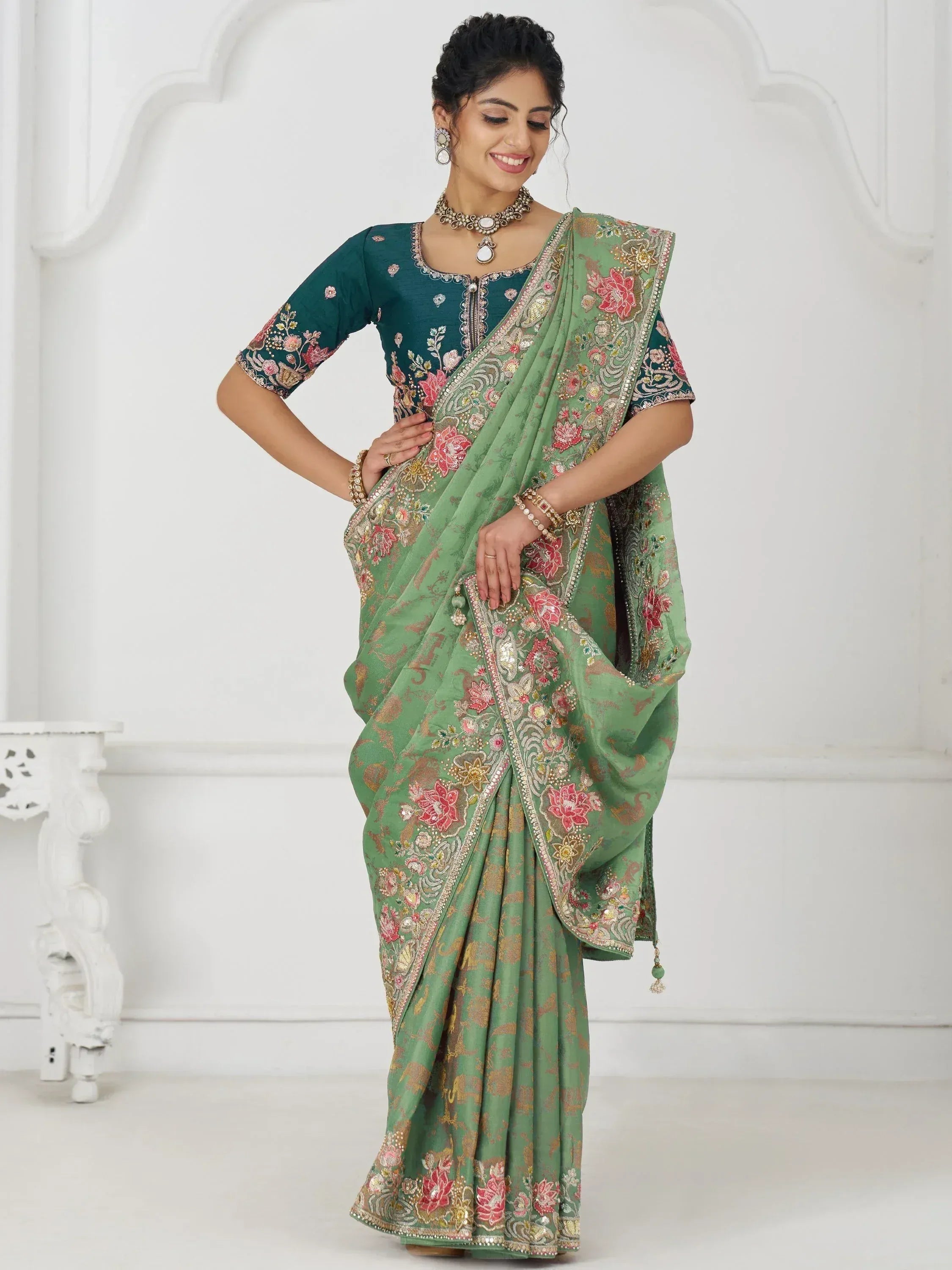 Green floral embroidered saree with matching blouse, Indian ethnic wear for women