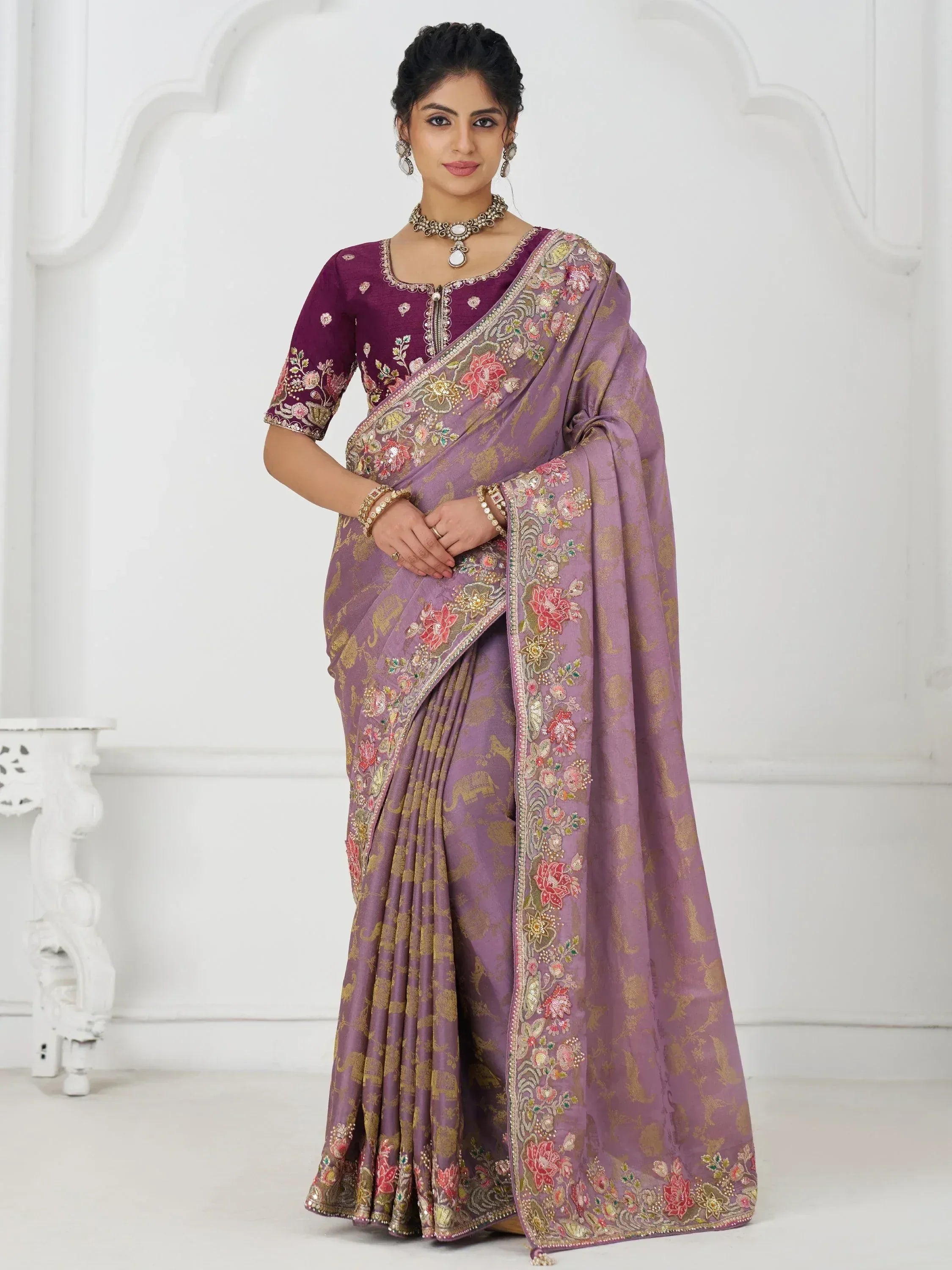 Purple embroidered saree with floral gold border, designer blouse, ethnic Indian wear