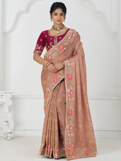 Gorgeous Peach Multi-Thread Work Viscose Silk Reception Wear Saree
