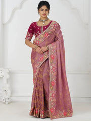 Fantastic Pink Heavy Border Work Viscose Silk Saree With Blouse
