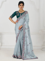 Incredible Grey Sequins Work Silk Traditional Saree With Blouse