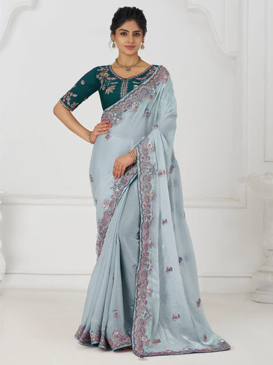 Incredible Grey Sequins Work Silk Traditional Saree With Blouse