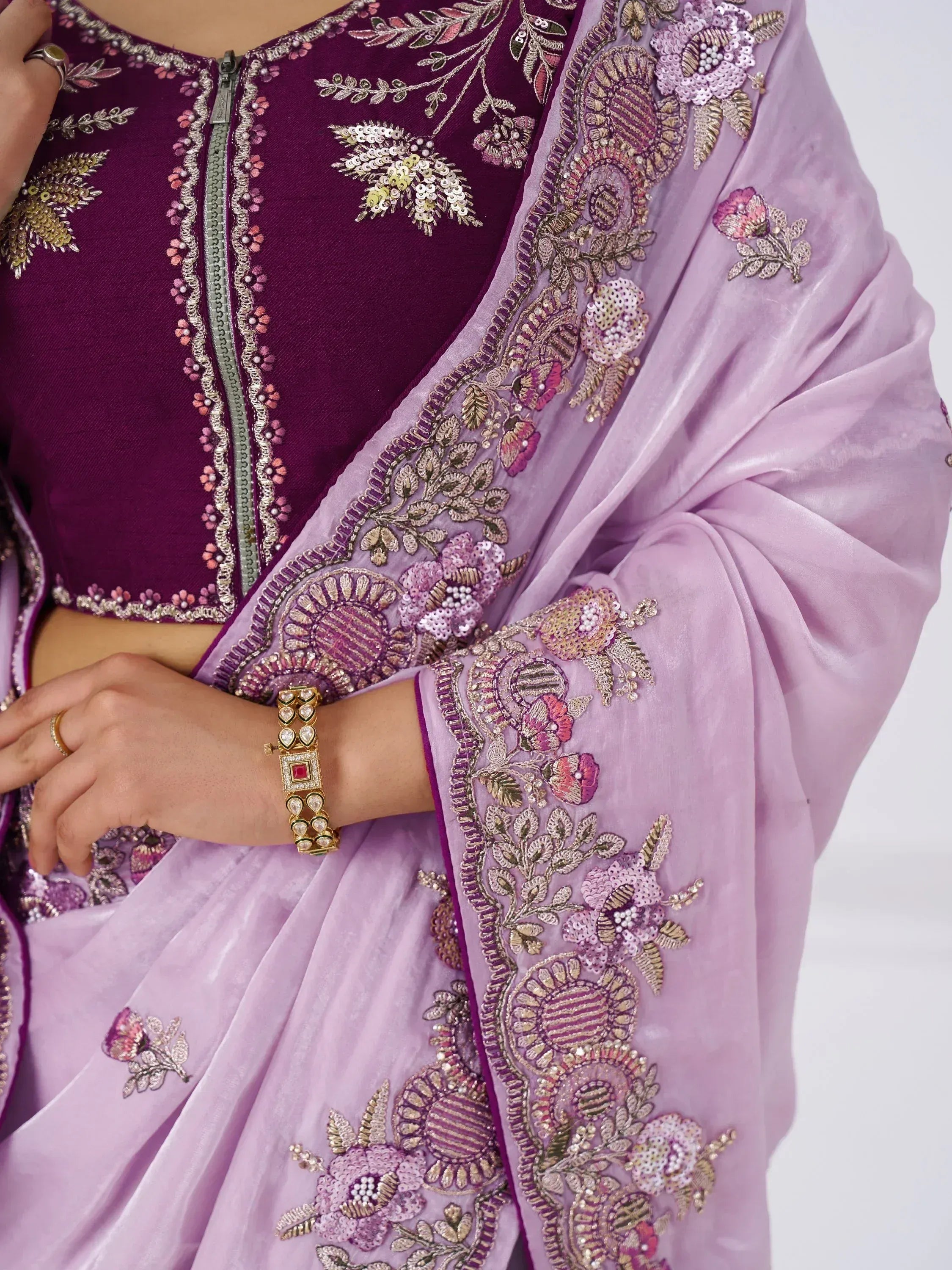 Purple velvet embroidered lehenga choli with floral sequin work and matching dupatta, perfect for Indian ethnic wear.