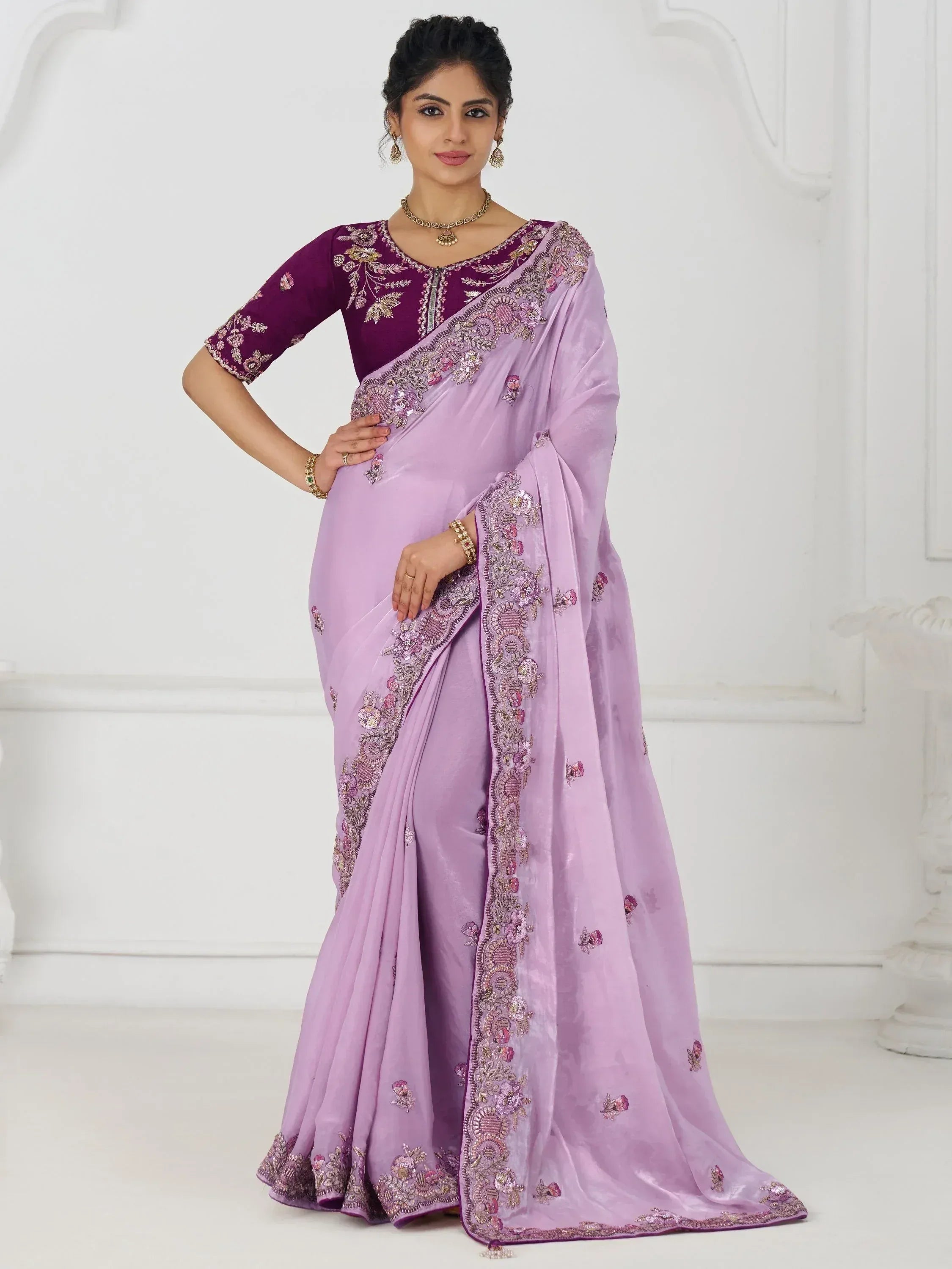 Lavender saree with floral embroidery and purple blouse, Indian ethnic wear for women