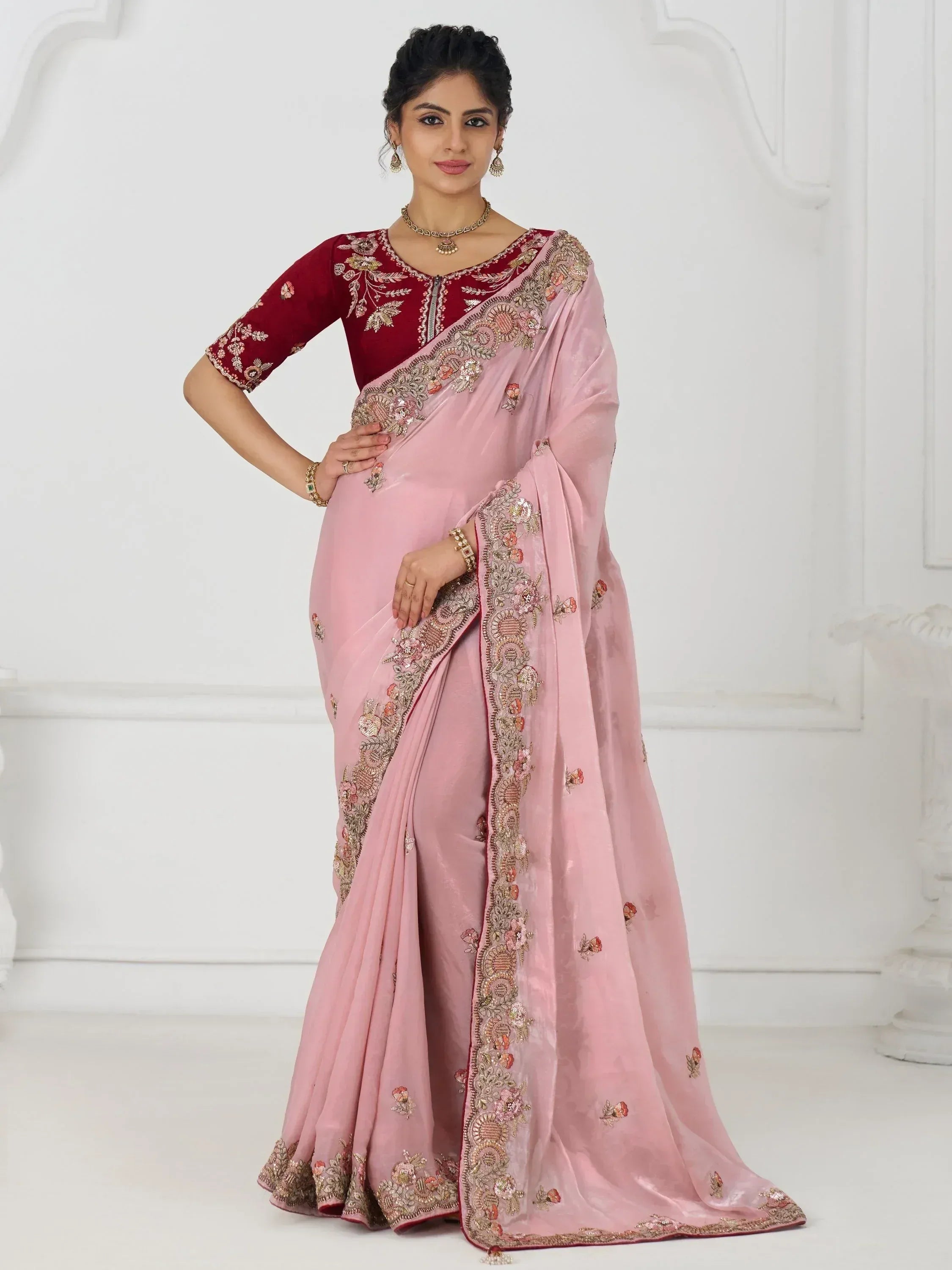 Pink embroidered saree with maroon blouse, Indian ethnic wear for women