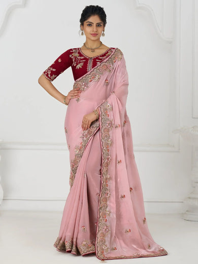 Pretty Dusty Pink Sequins Silk Wedding Wear Saree With Blouse