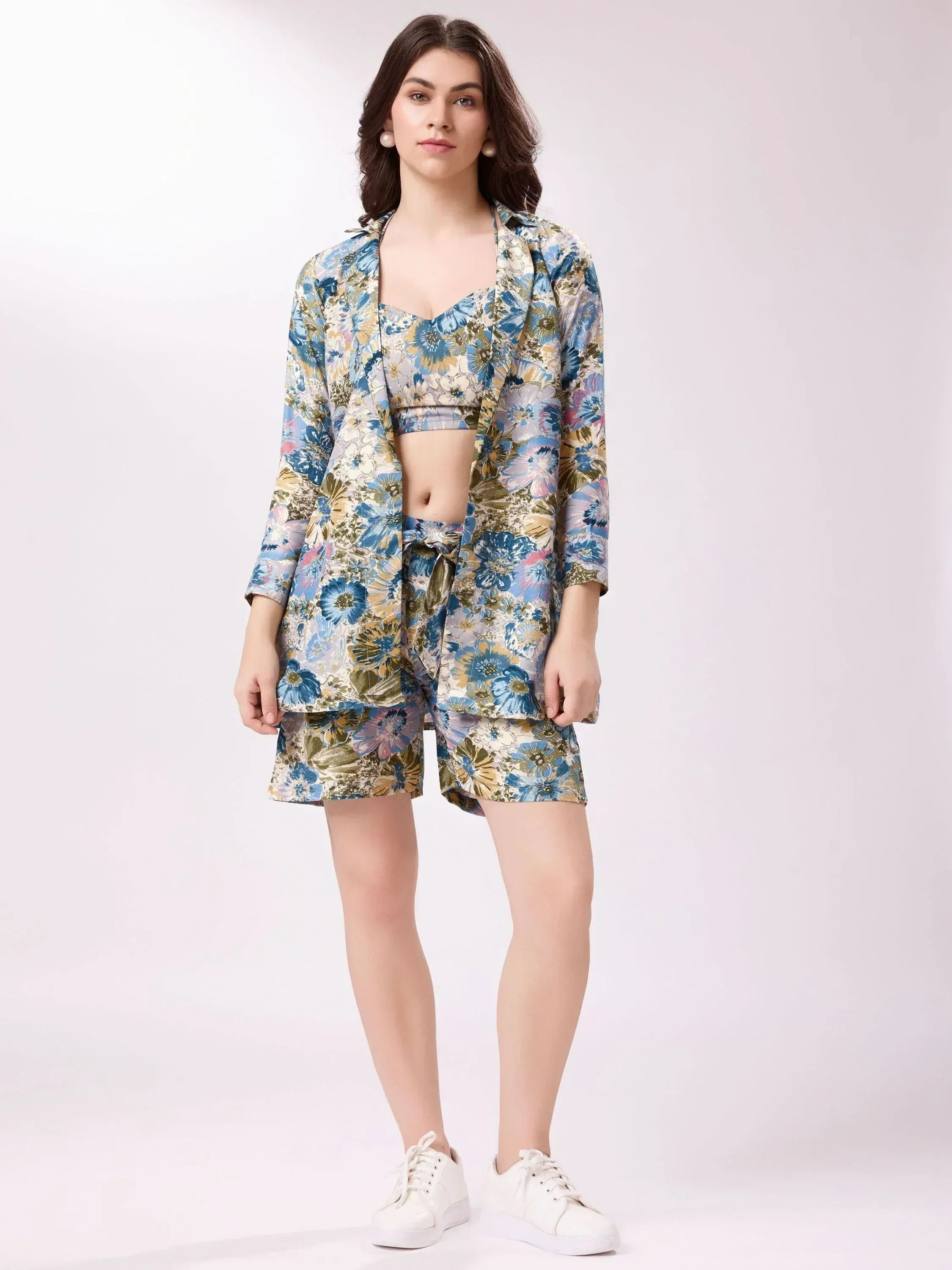 Floral print ethnic co-ord set with crop top, shorts & jacket for women