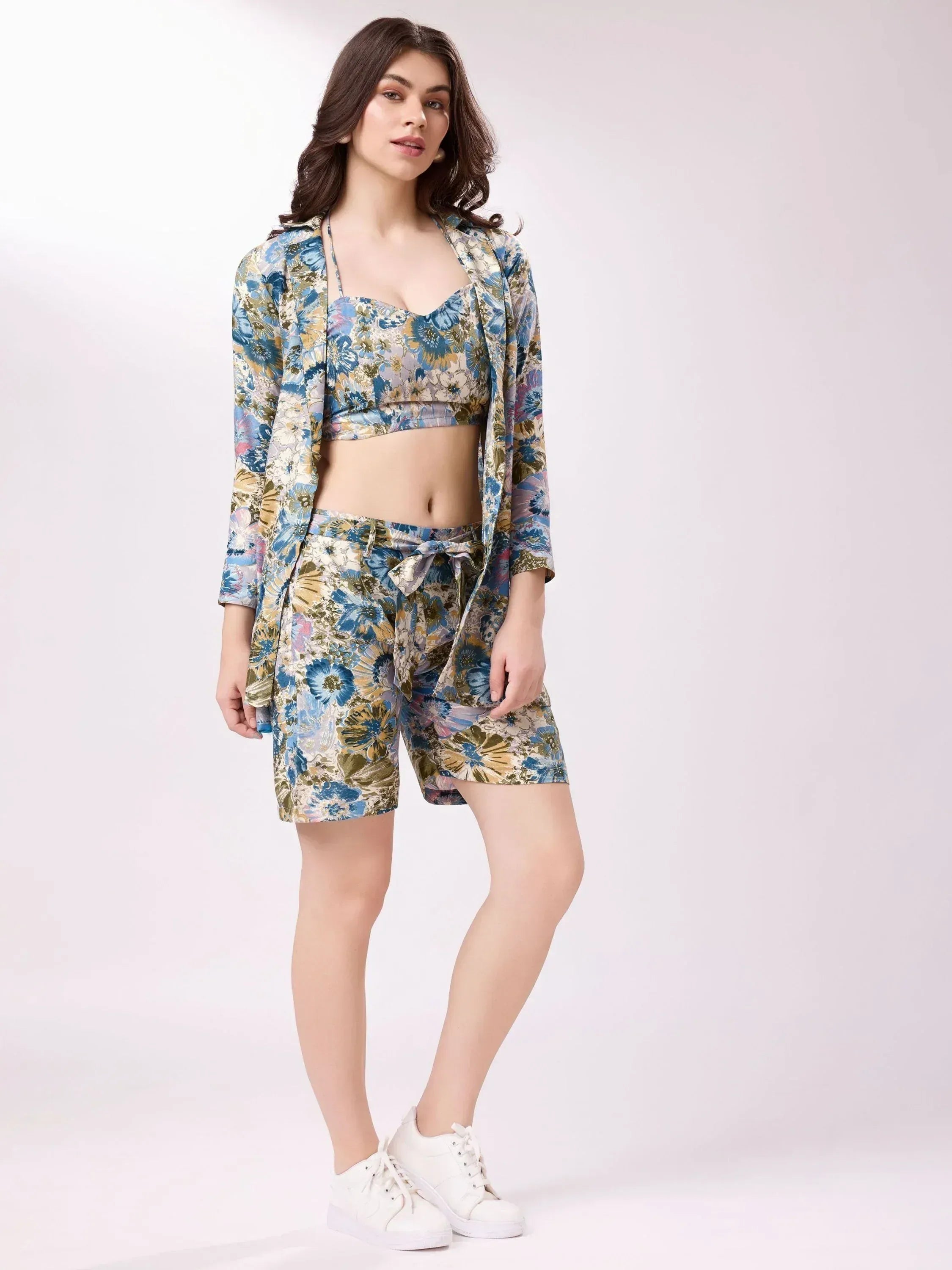 Floral print ethnic crop top with matching shorts and jacket, stylish Indian wear set