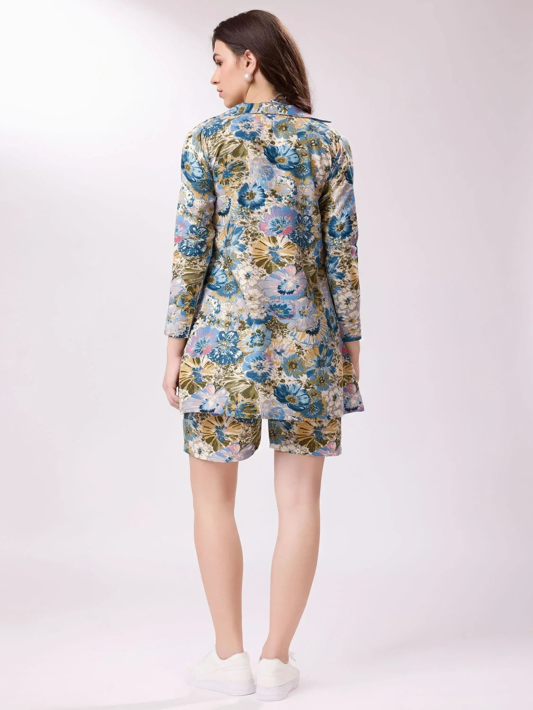 Floral print ethnic kurta set with matching shorts, stylish Indian wear for women