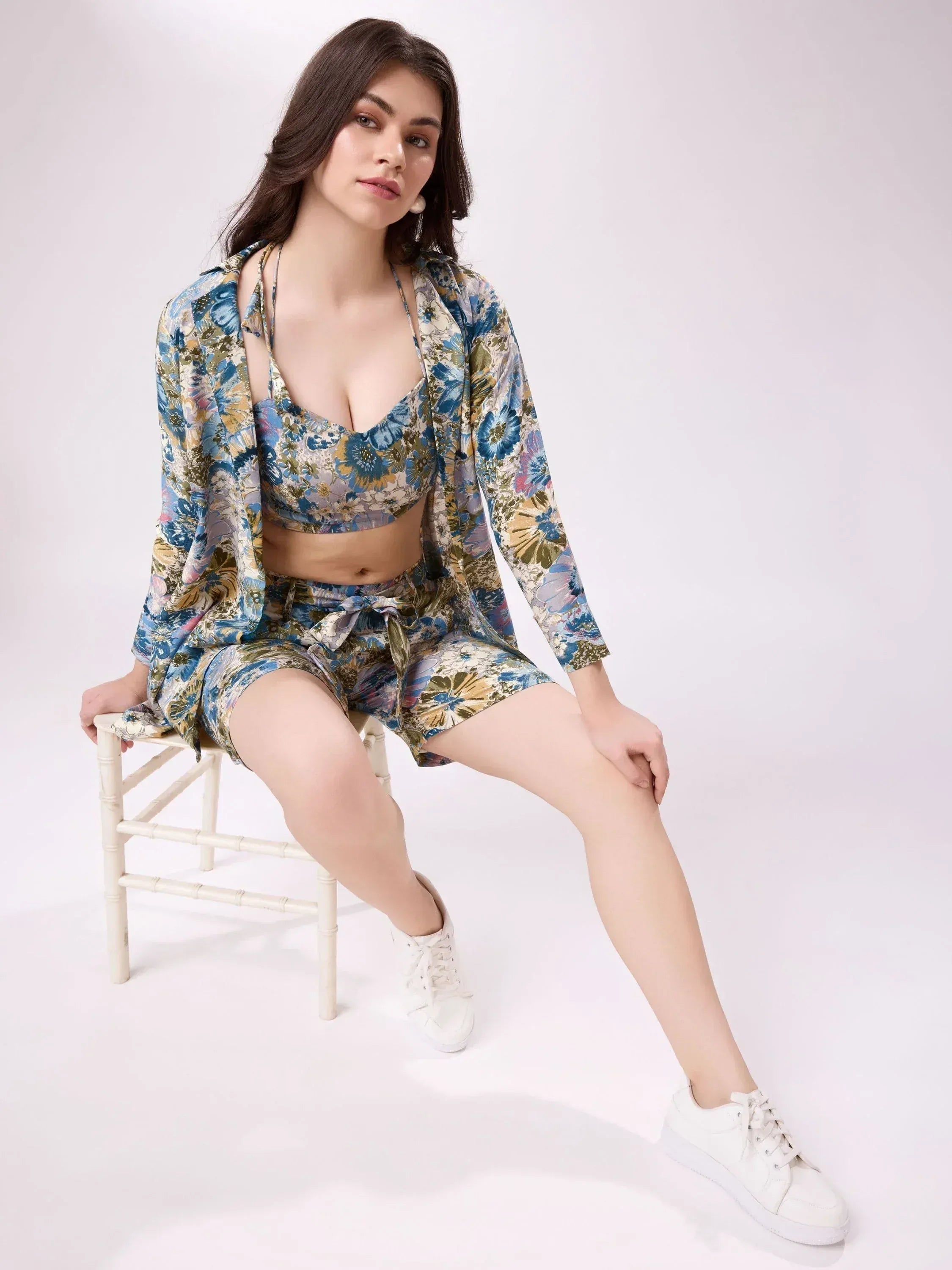 Floral print ethnic crop top with matching shorts and kimono, styled with white sneakers for casual wear