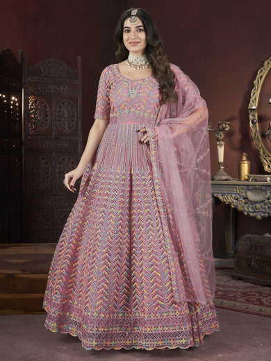 Glamorous Peach Embroidered Net Bridesmaid Gown With Dupatta