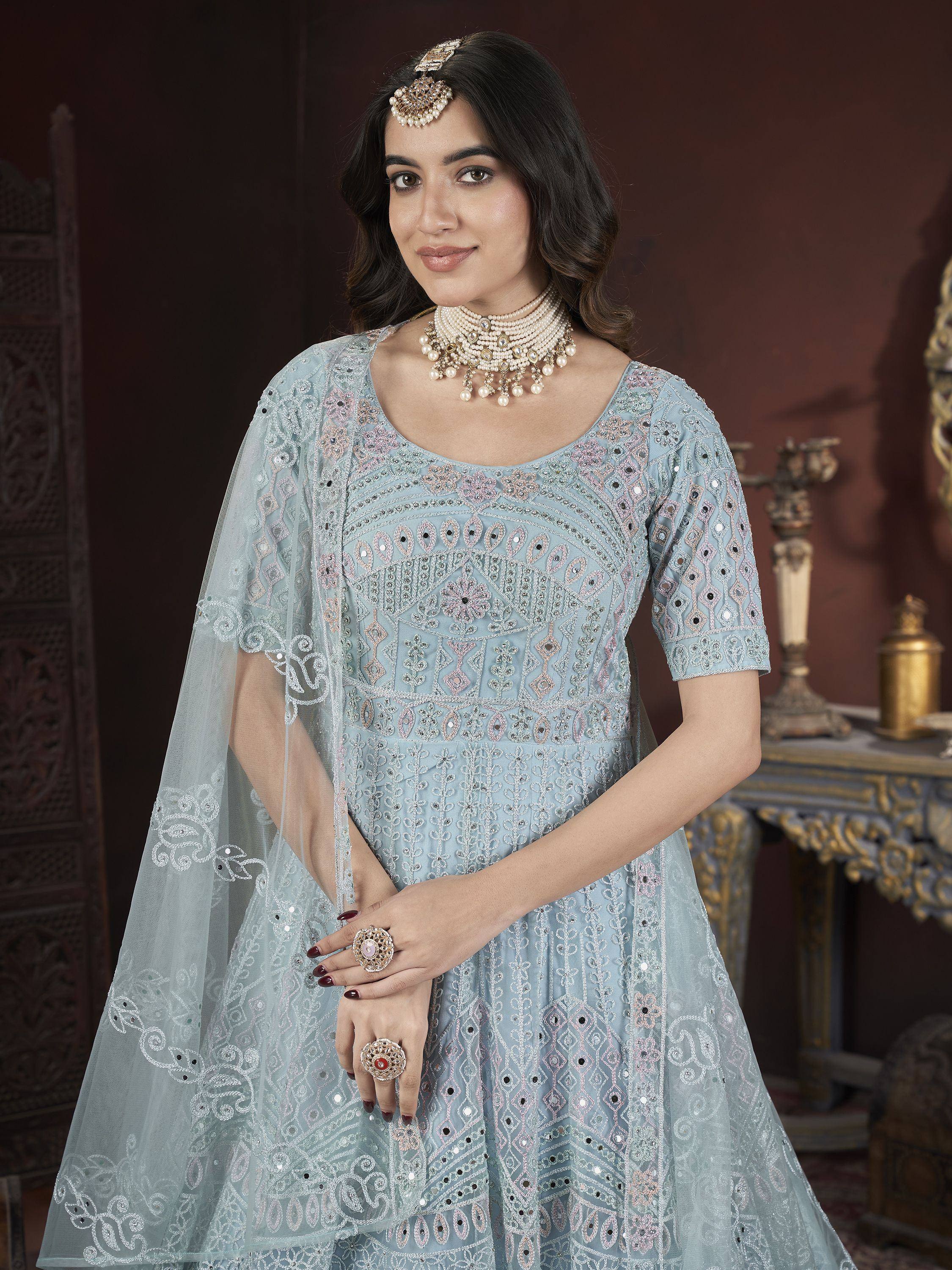 Light blue embroidered anarkali suit with dupatta, perfect for Indian ethnic wear occasions