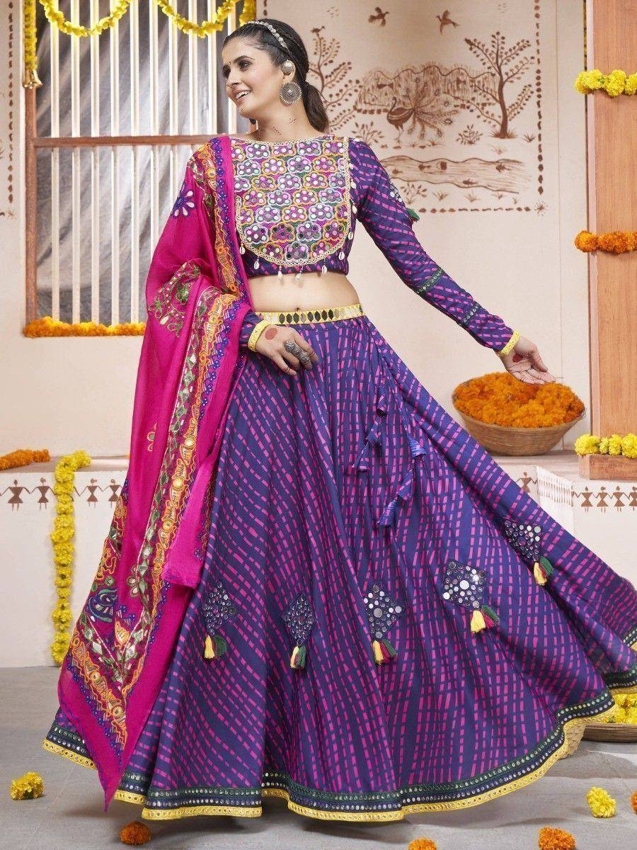 Purple and pink embroidered lehenga choli with floral blouse and dupatta, perfect for Indian ethnic occasions