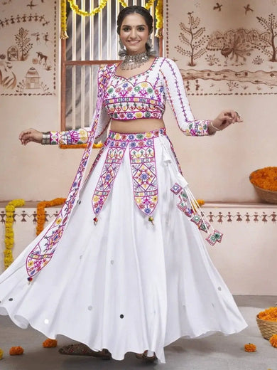 Impressive White Thread Work Rayon Navratri Lehenga Choli