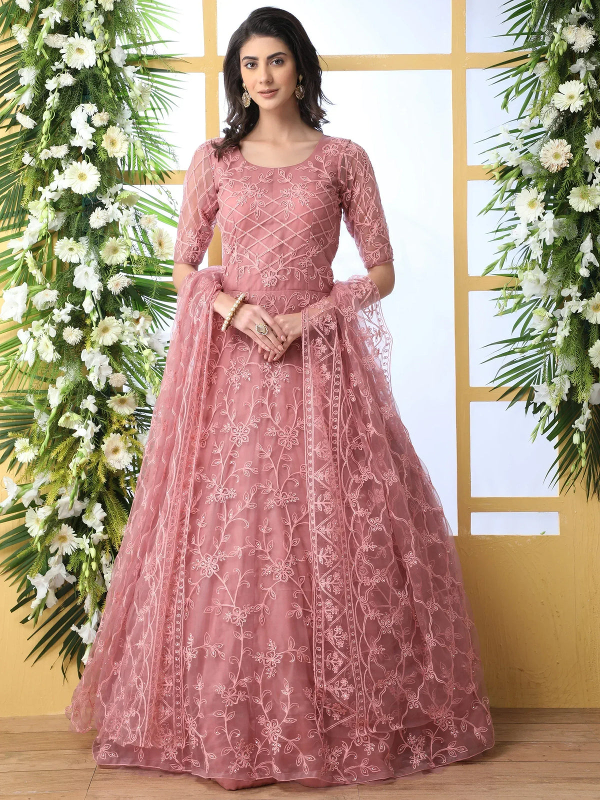 Pink embroidered anarkali suit with floral design, perfect for Indian ethnic wear occasions