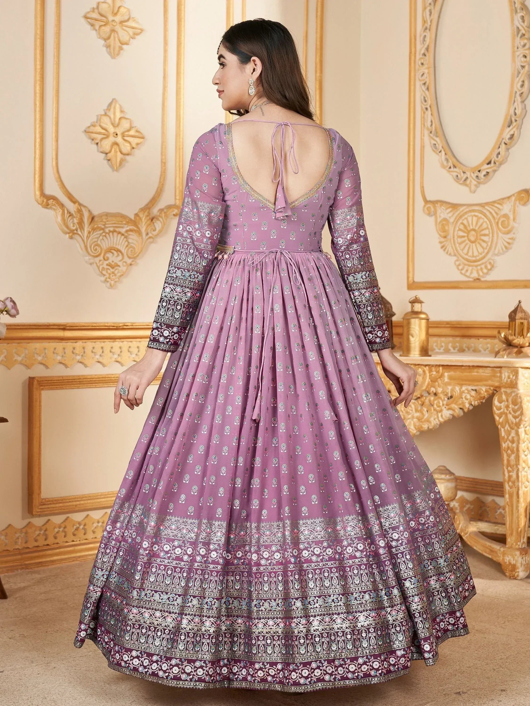 Purple printed anarkali gown with back tie, ethnic wear for women, floral patterns, festive occasion dress