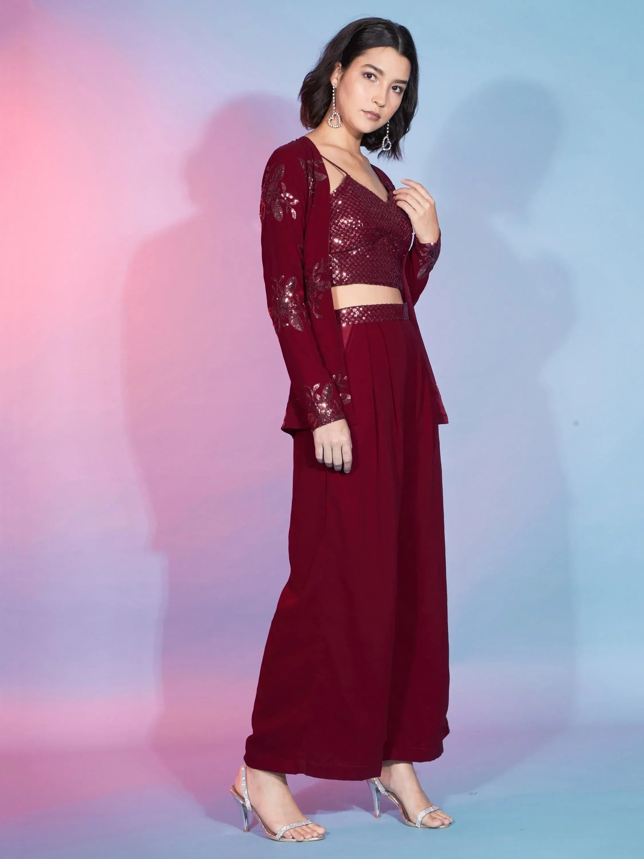 Maroon sequin crop top with palazzo pants and embroidered jacket, Indian ethnic wear