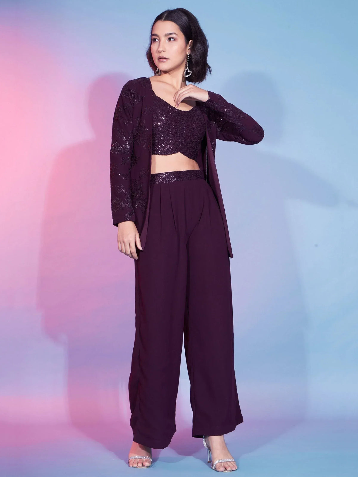 Elegant purple ethnic palazzo set with sequin crop top and embroidered jacket for women