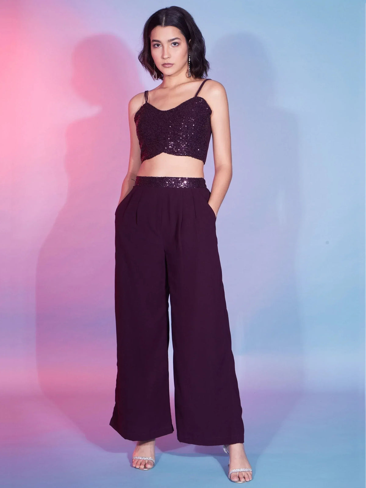 Purple sequin crop top with wide-leg pants, ethnic party wear outfit