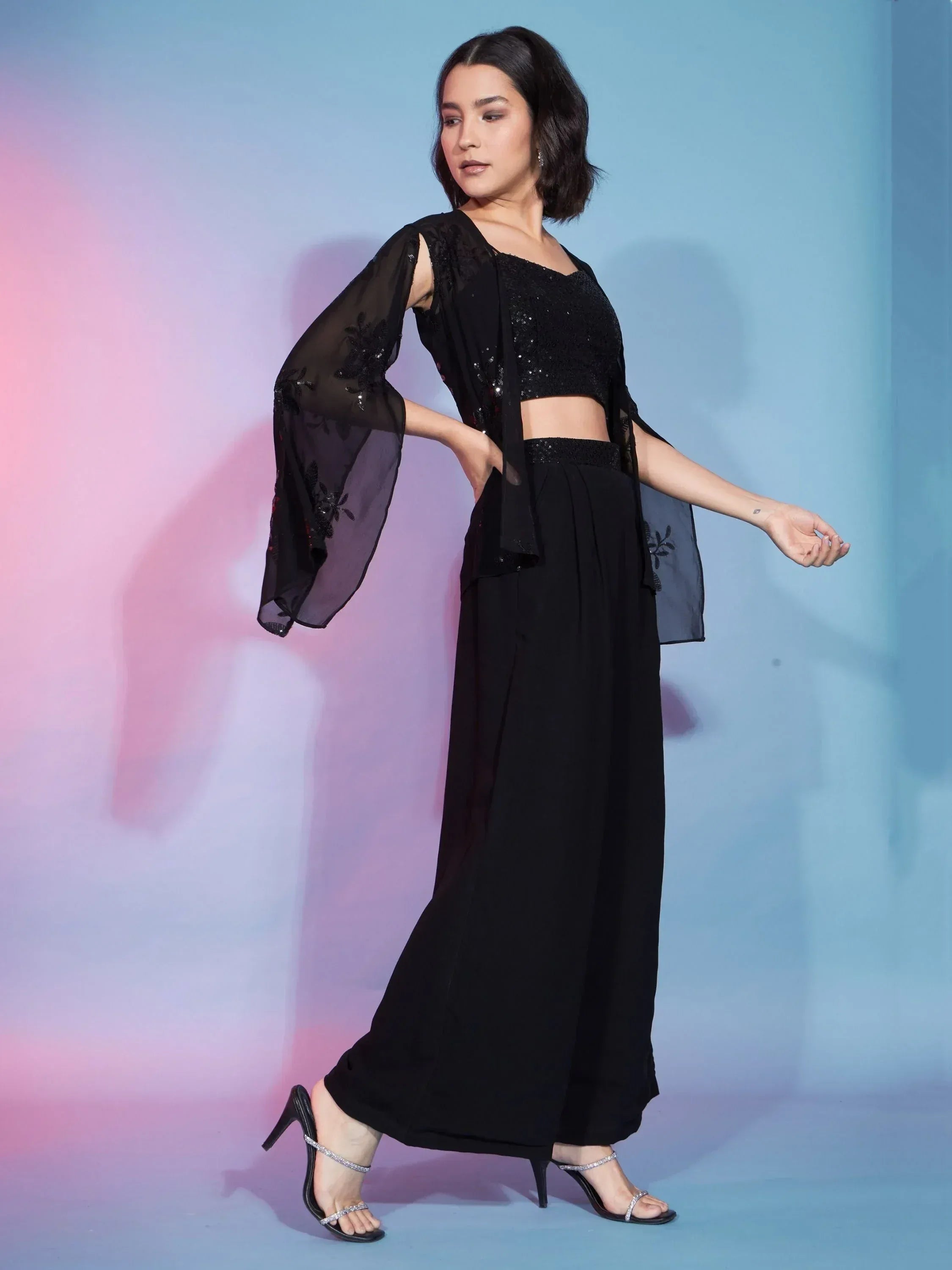 Black sequin crop top with sheer embroidered cape and palazzo pants, ethnic wear for women