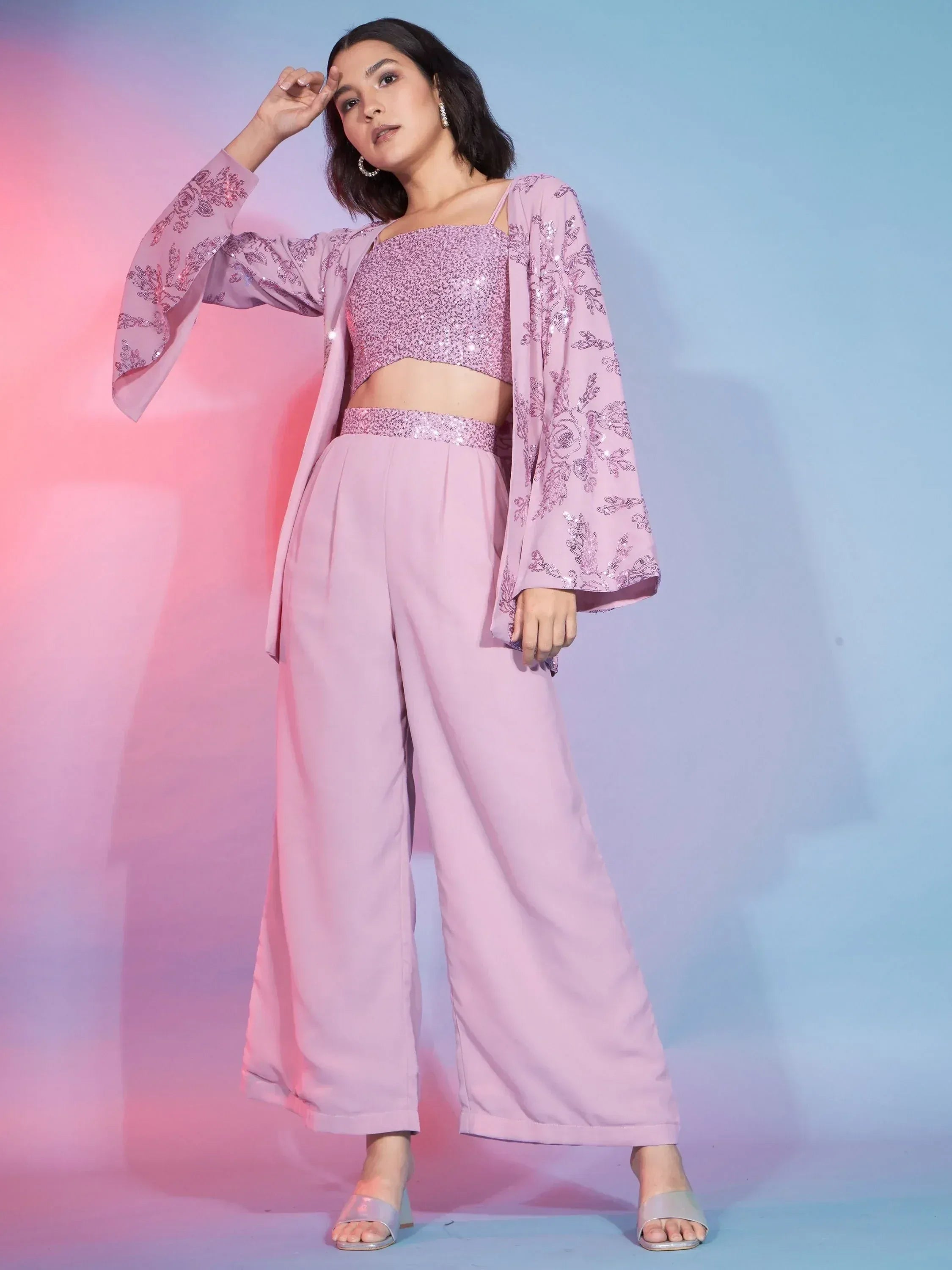 Pink sequin crop top with floral embroidered jacket and wide-leg pants, ethnic party wear outfit