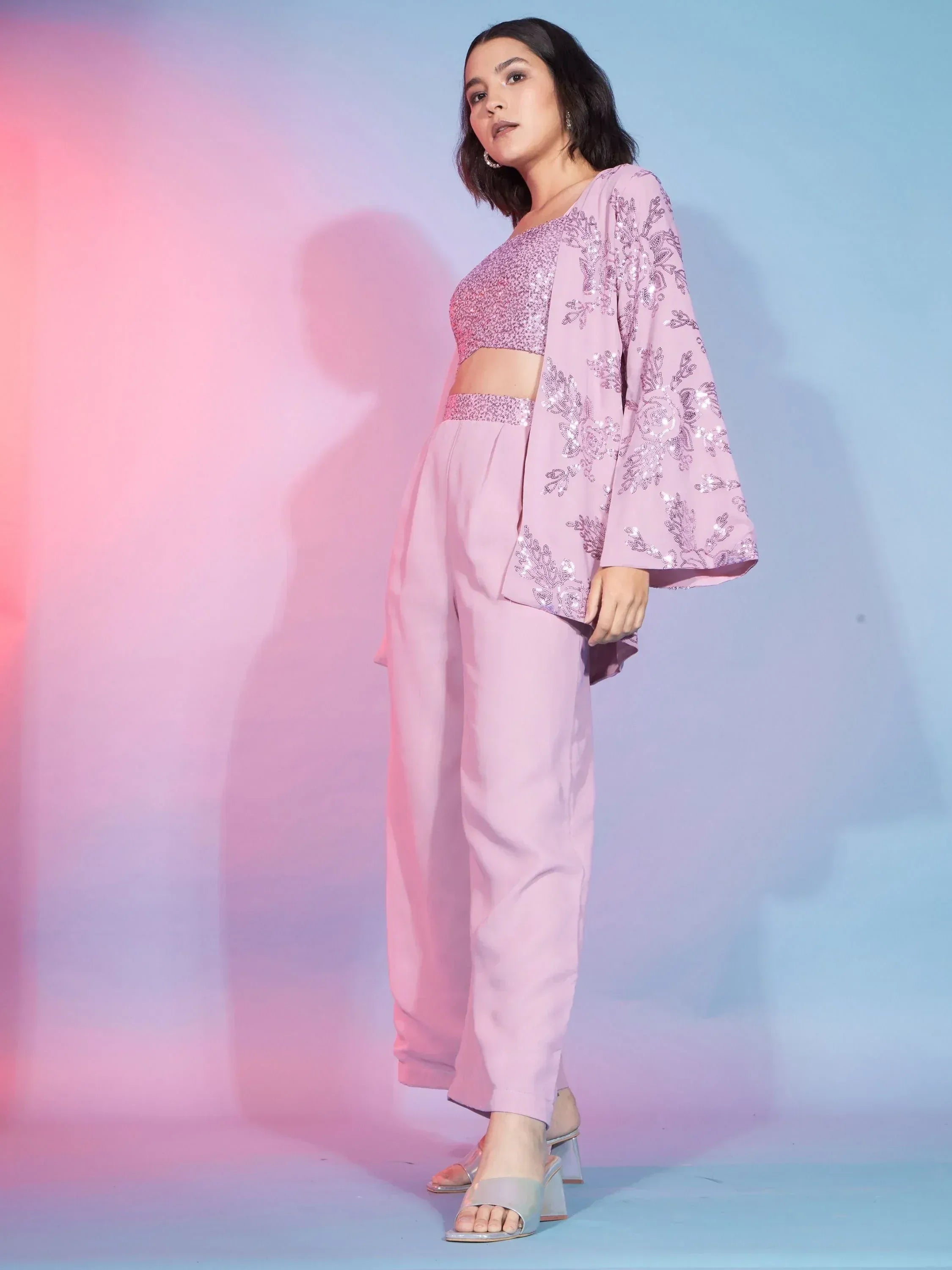 Pink sequin crop top with floral embroidered jacket and palazzo pants, Indian ethnic wear
