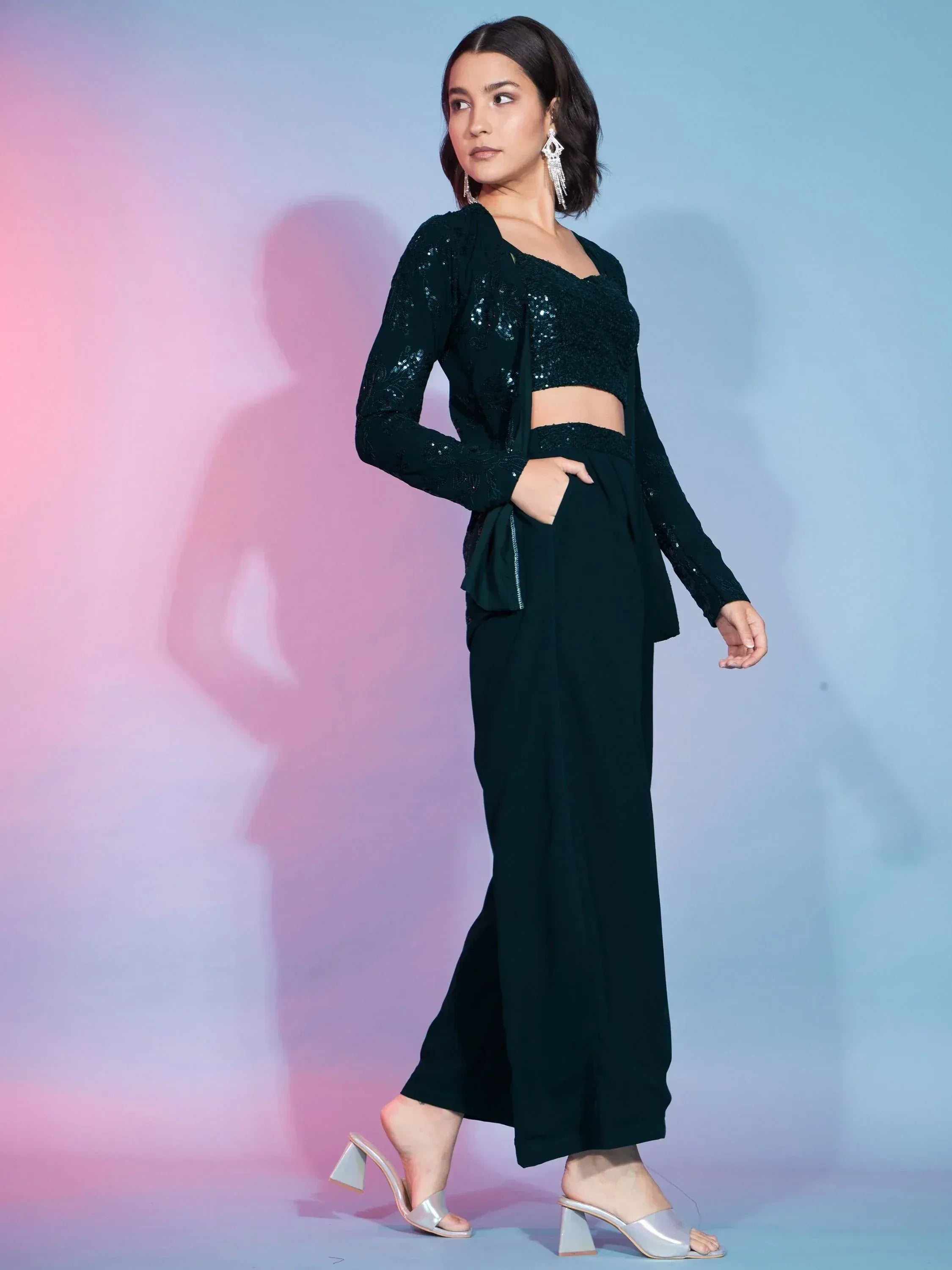 Emerald green sequin crop top with palazzo pants, ethnic wear for women, stylish party outfit