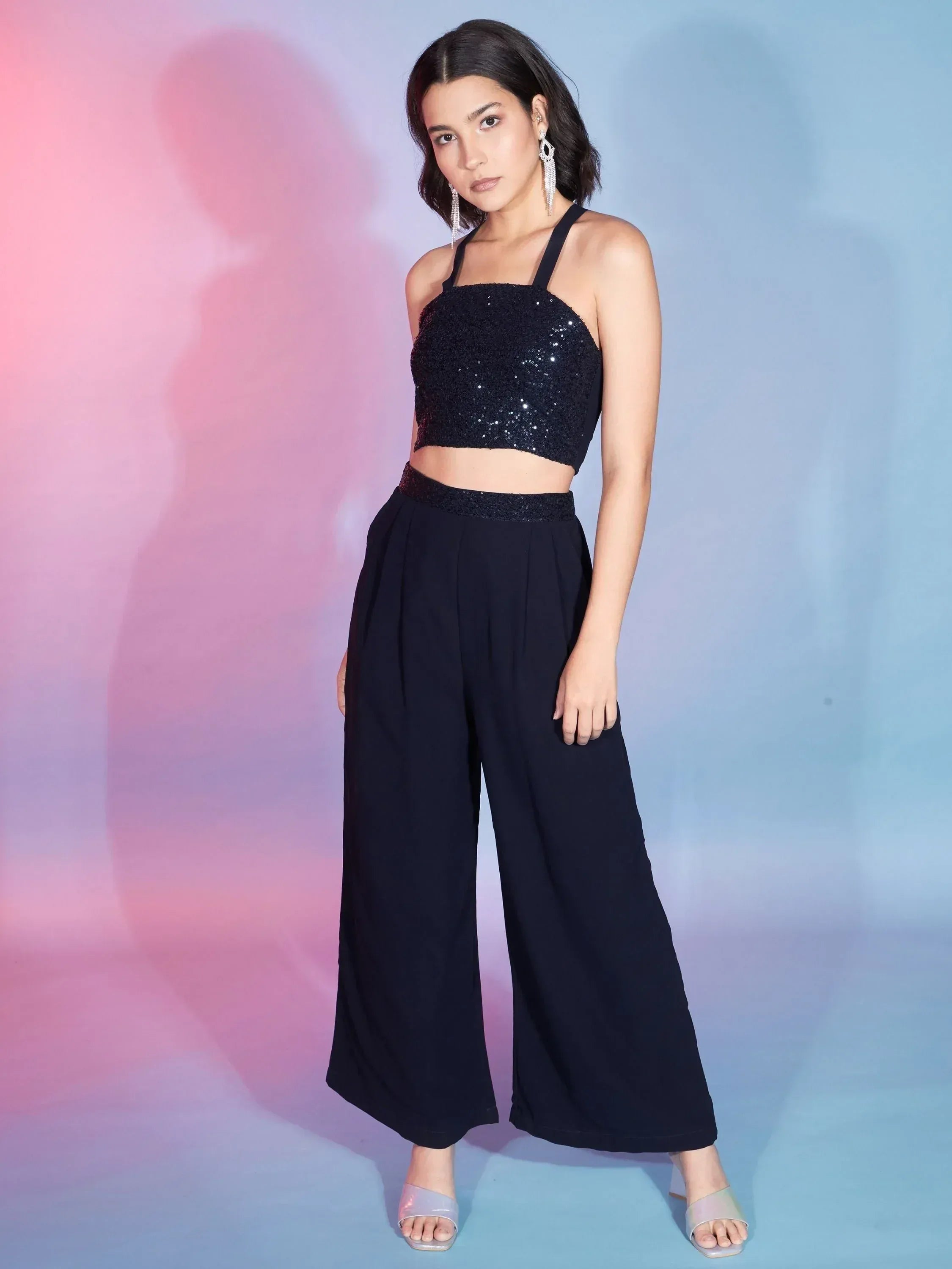 Black sequin crop top with wide-leg pants, ethnic party wear outfit