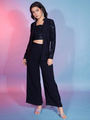 Pretty Navy Blue Sequins Georgette Party Wear Co-Ord Set With Jacket