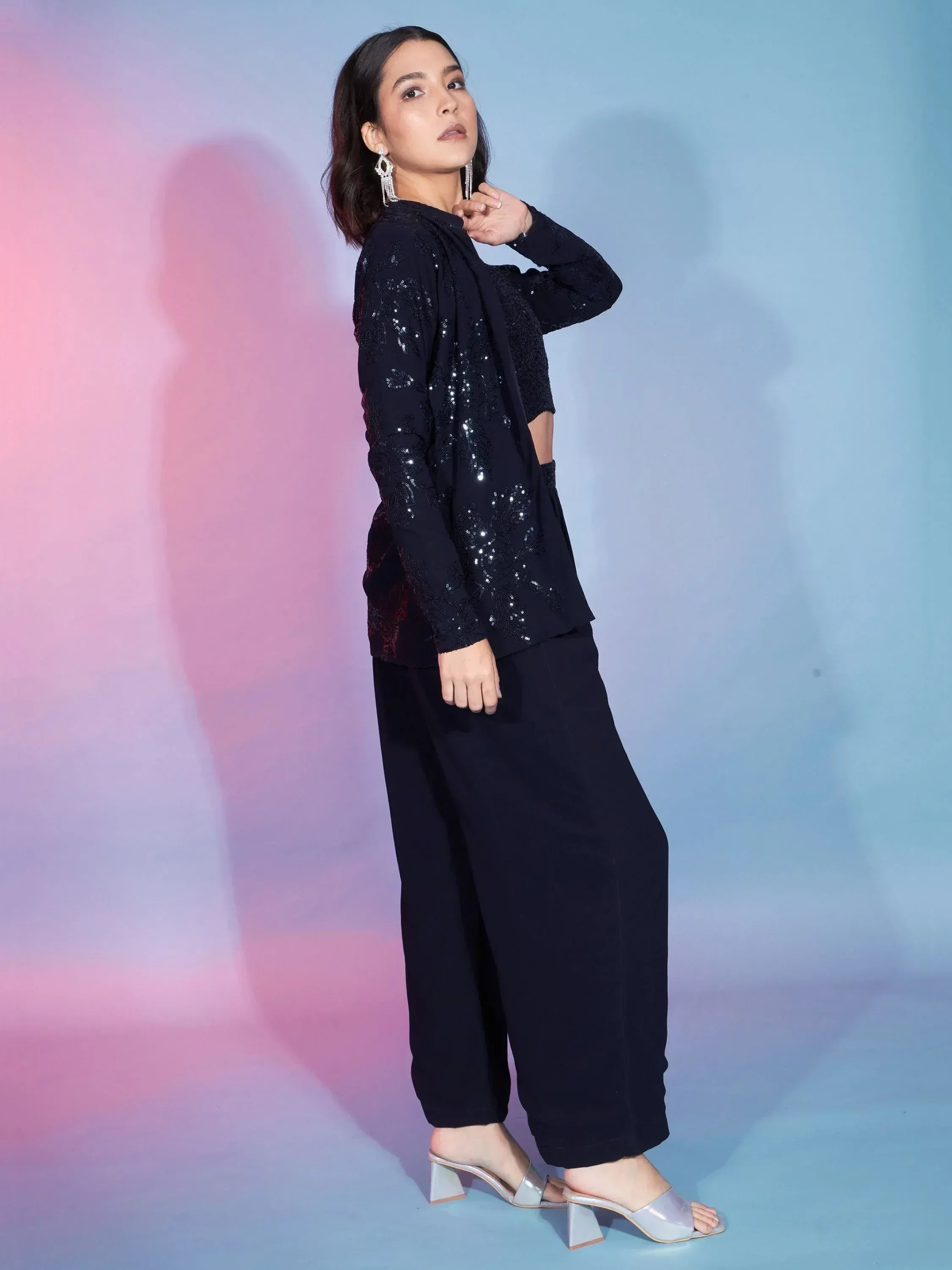 Black sequin ethnic top with wide pants, stylish Indian wear for women