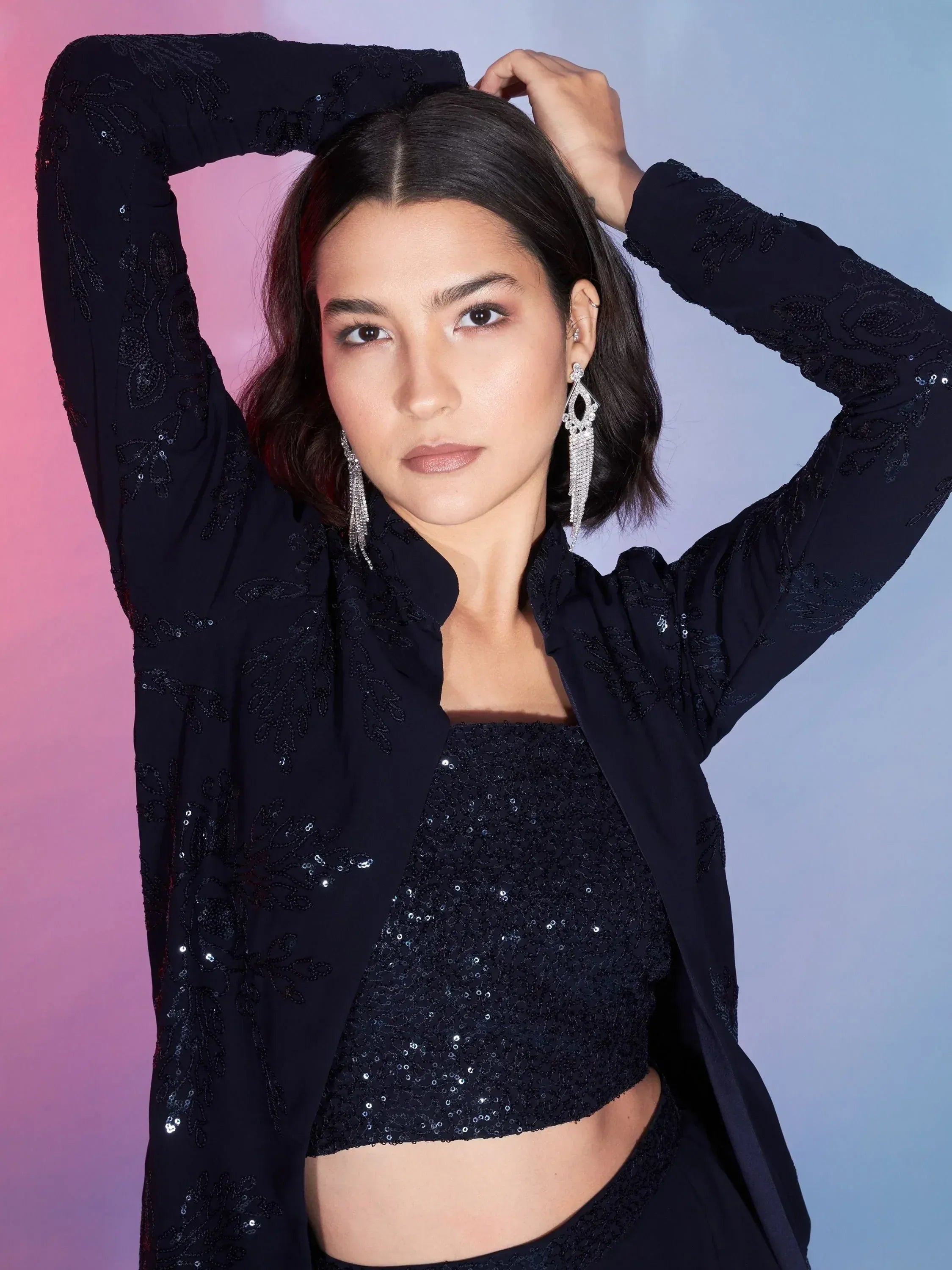 Black sequin ethnic crop top with embroidered jacket, perfect for Indian festive wear