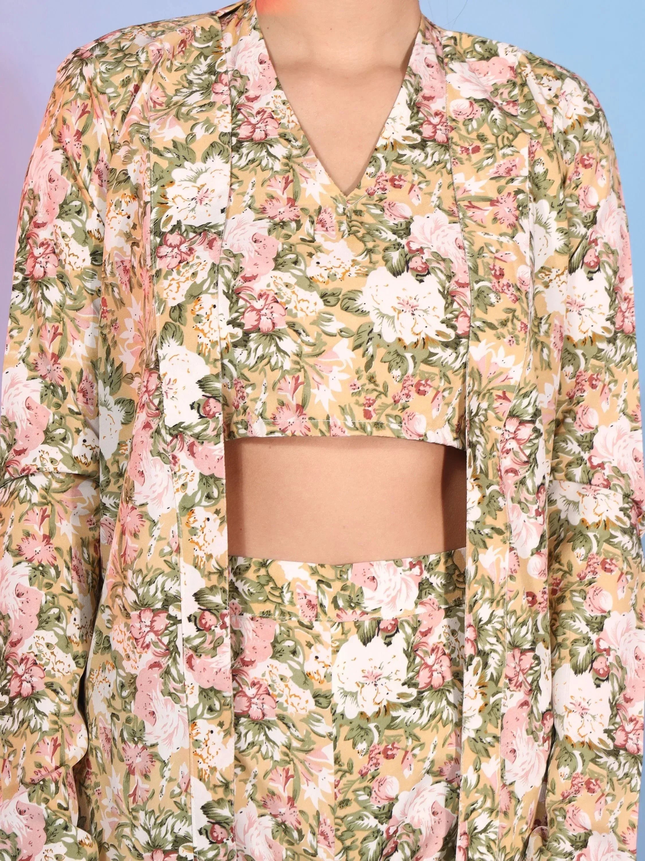 Floral print ethnic crop top with V-neck and long sleeves, perfect for Indian wear