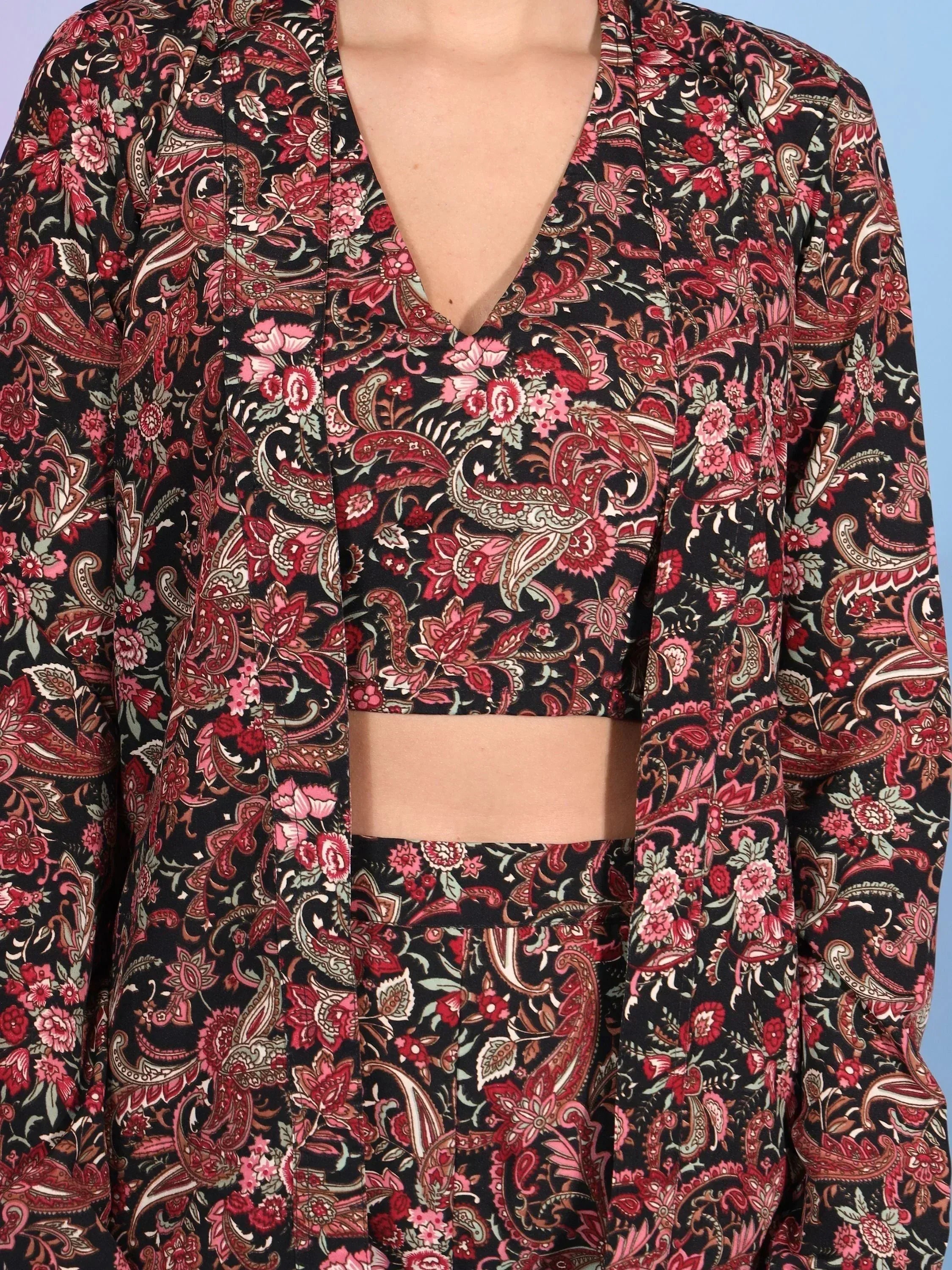 Black floral paisley print ethnic gown with V-neck and cut-out detail