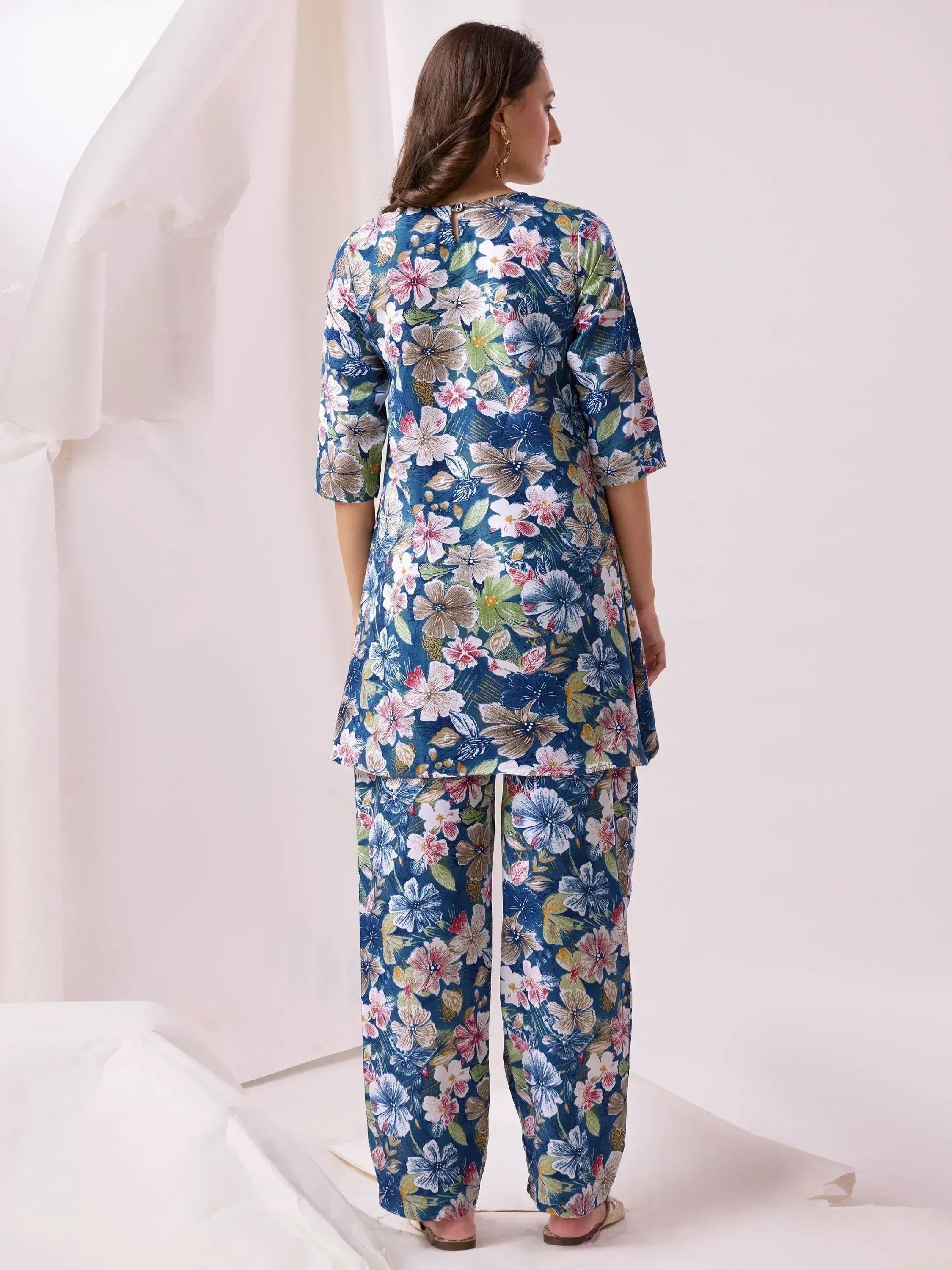 Floral print ethnic kurta and palazzo set for women, blue base with pink white flowers, stylish Indian wear