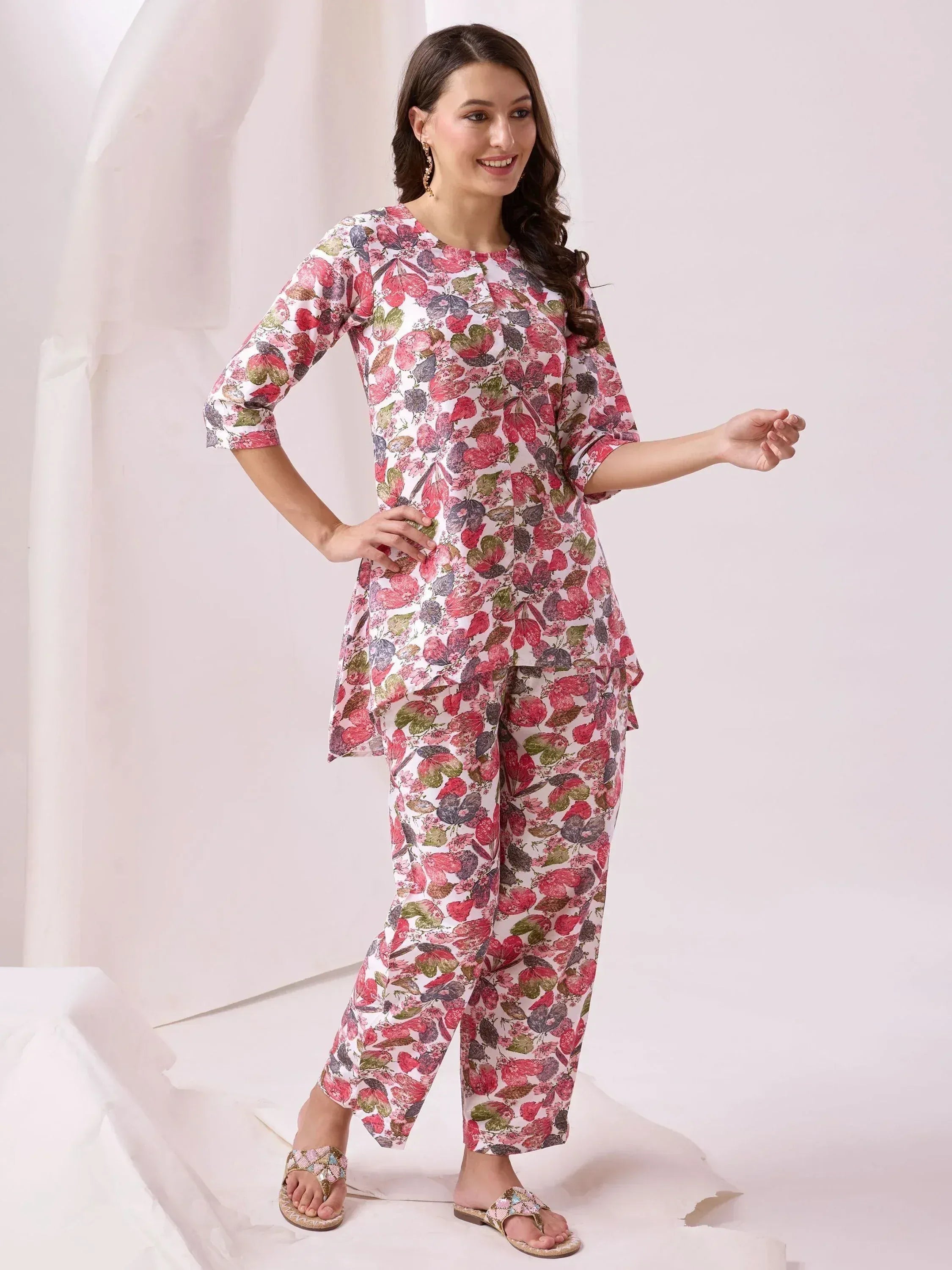 Floral print ethnic kurta set with palazzo pants, perfect for casual wear or festive occasions.