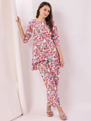 Lovely White Digital Printed Cotton Event Wear Top Palazzo Co-Ord Set