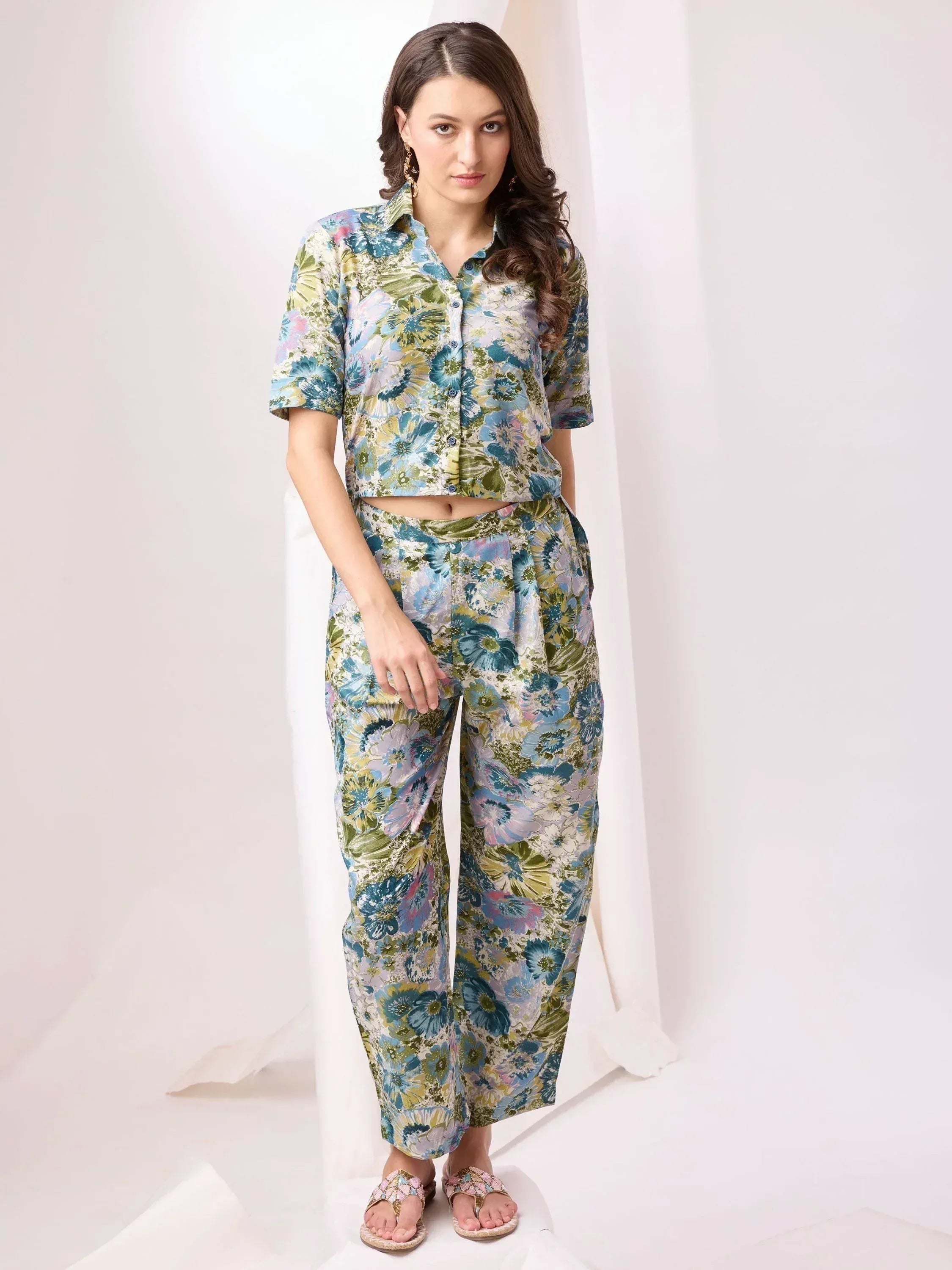 Floral print ethnic co-ord set with cropped shirt and wide pants, perfect for casual wear
