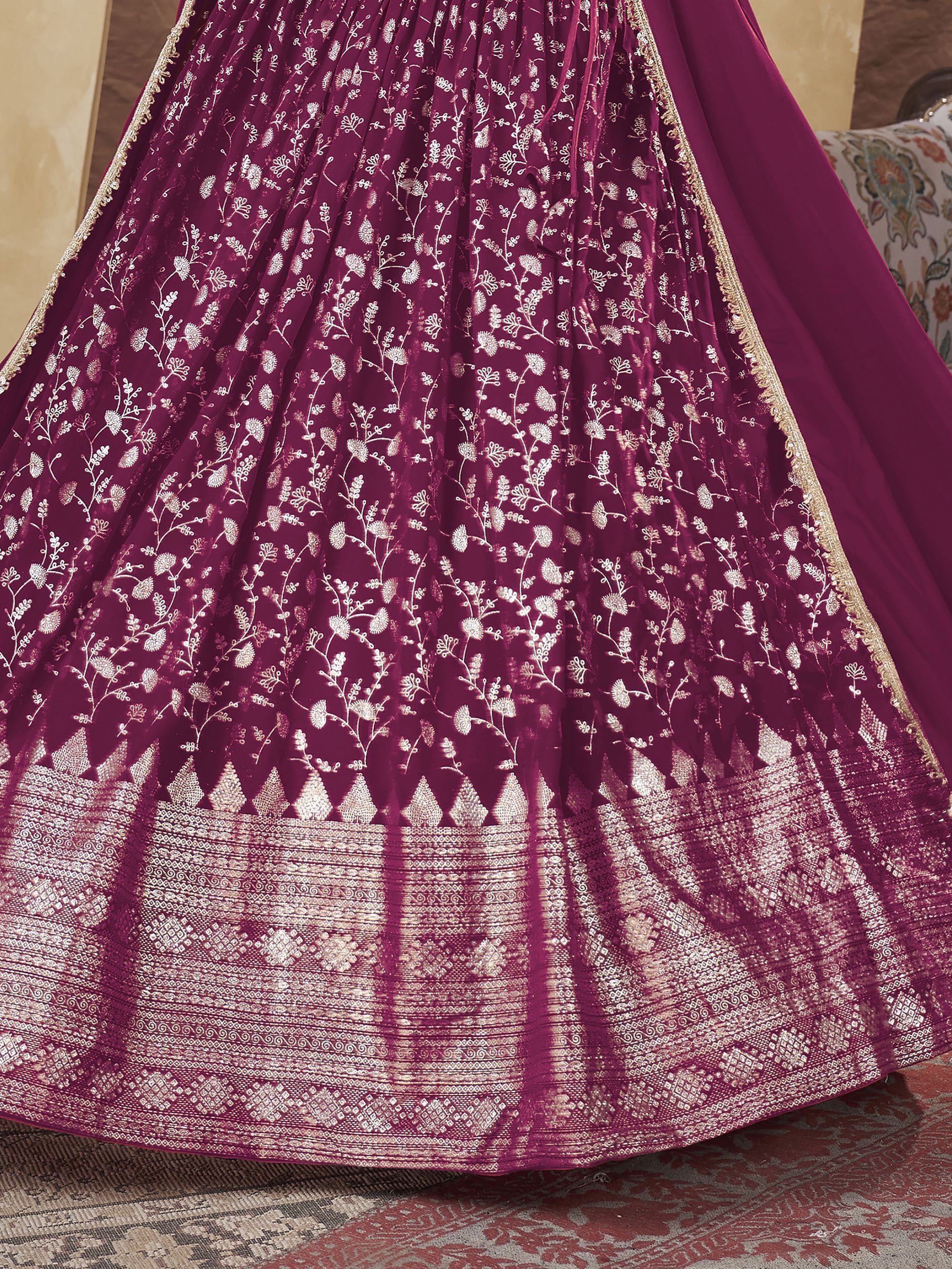 Wonderful Rani Pink Foil Work Georgette Wedding Lehenga Choli
