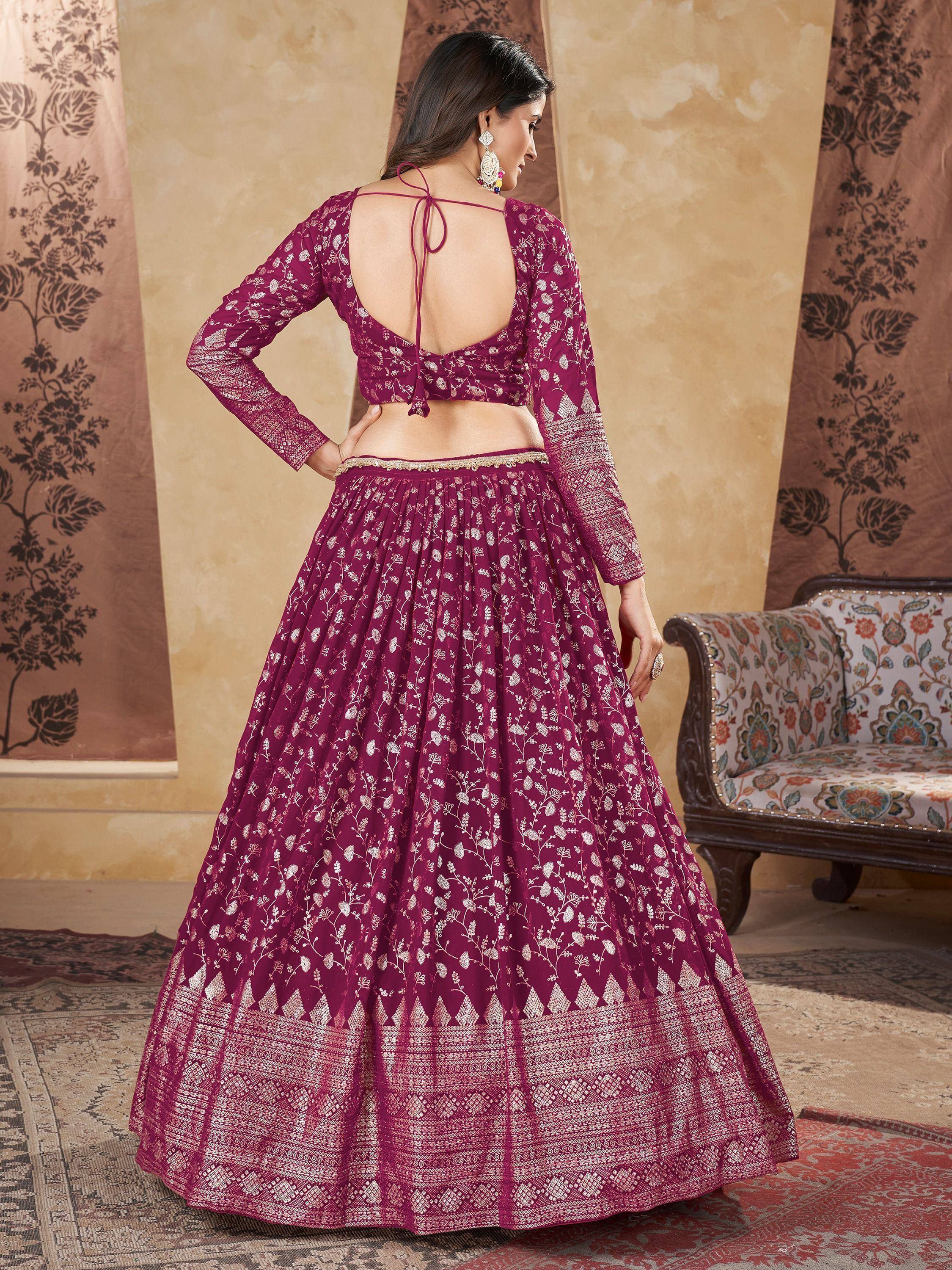 Purple floral embroidered lehenga choli with back tie blouse, Indian ethnic wear for weddings and parties